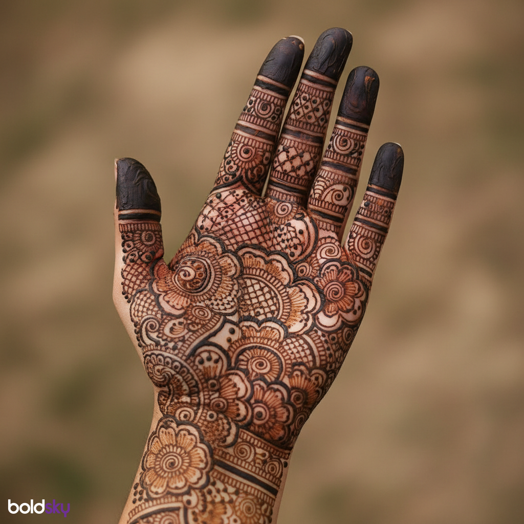 Front full hand dense bridal mehndi design