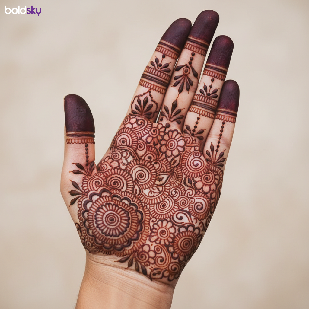 Left hand intricate bridal mehndi web pattern
