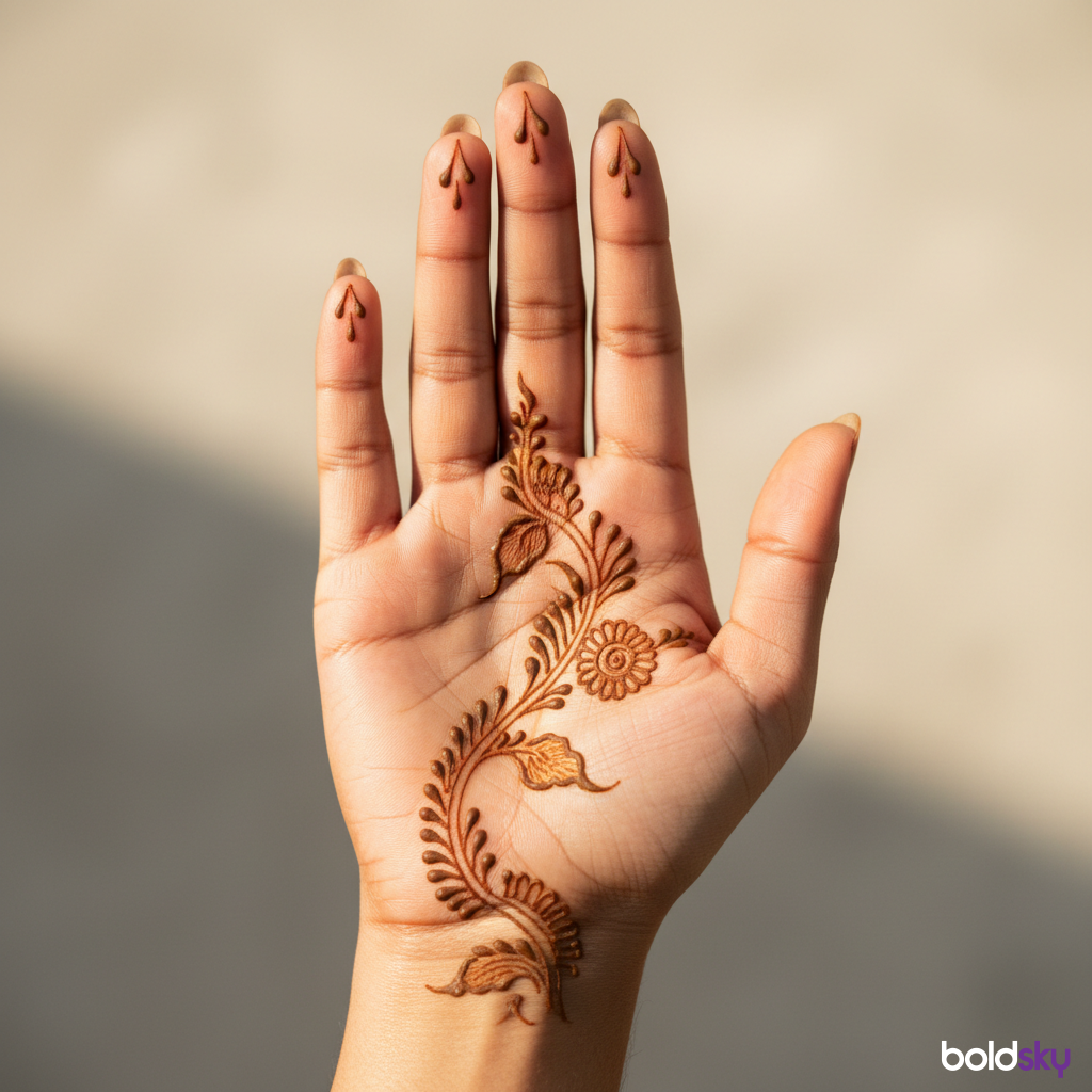 Front hand simple floral vine mehndi.