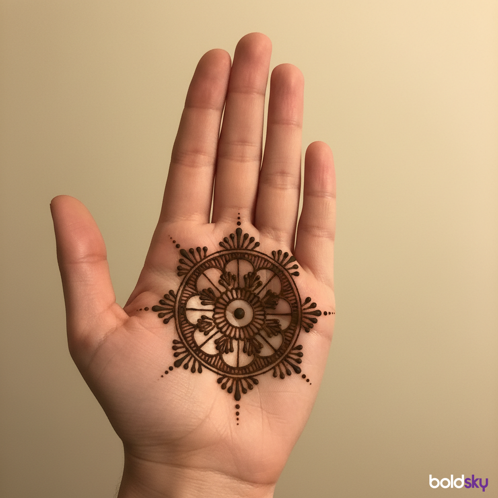 Minimalist palm mandala mehndi design.