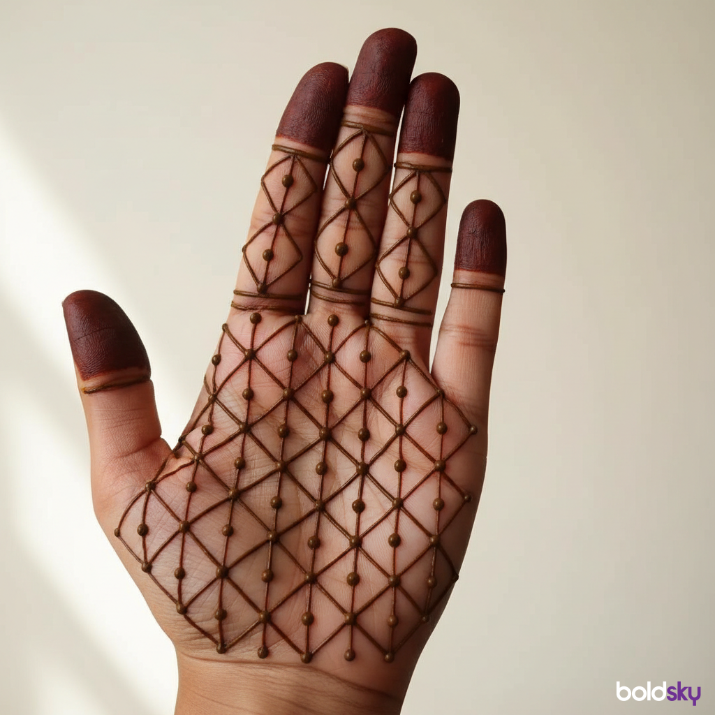 Geometric grid dot front hand mehndi.
