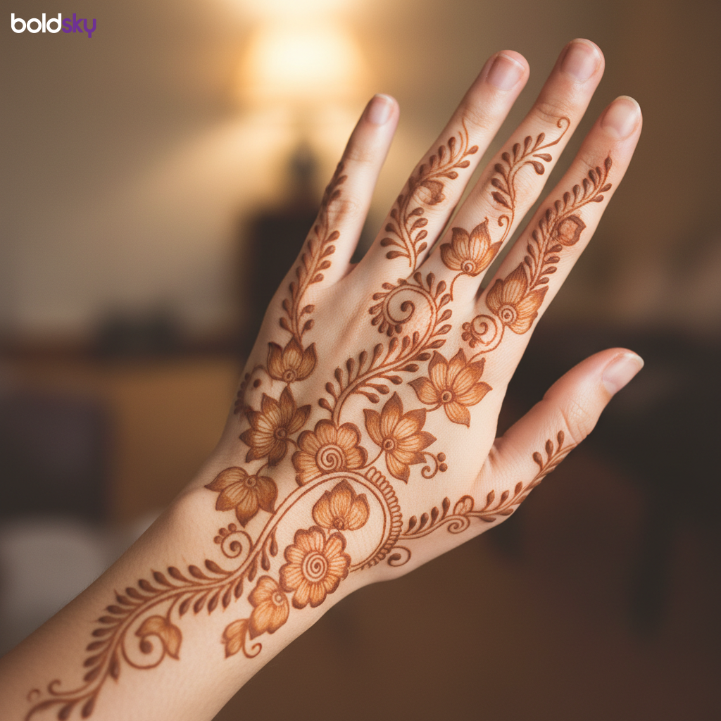 Left hand back floral vine mehndi.