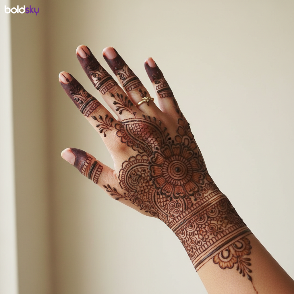Right hand fingers wrist jaali mehndi.