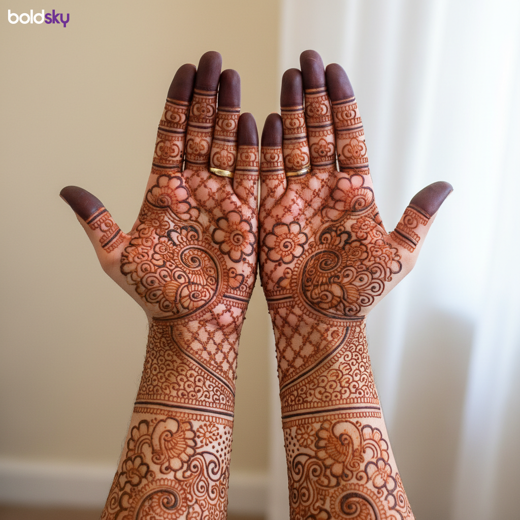 Both palms symmetrical bridal mehndi.