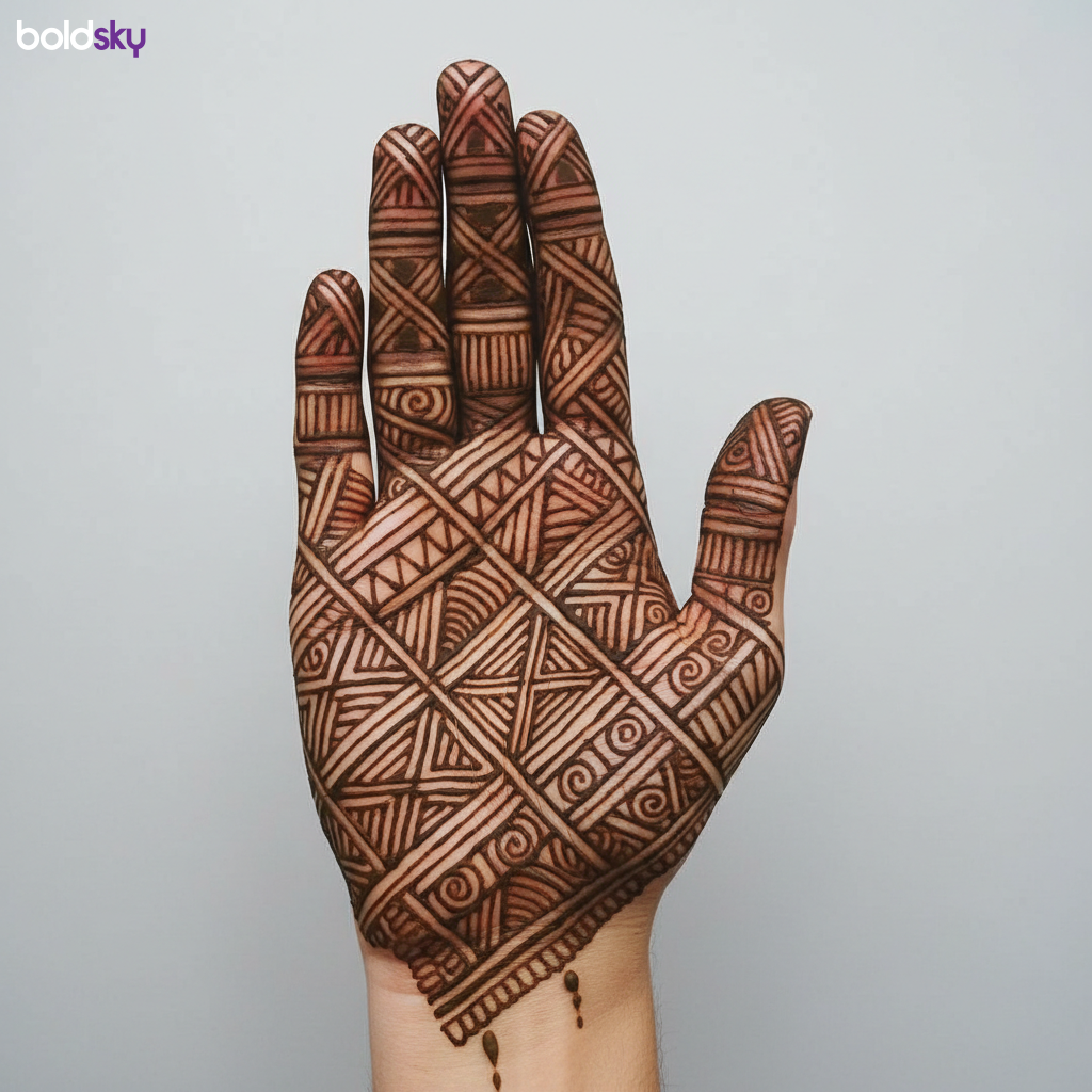 Right hand full palm geometric mehndi.