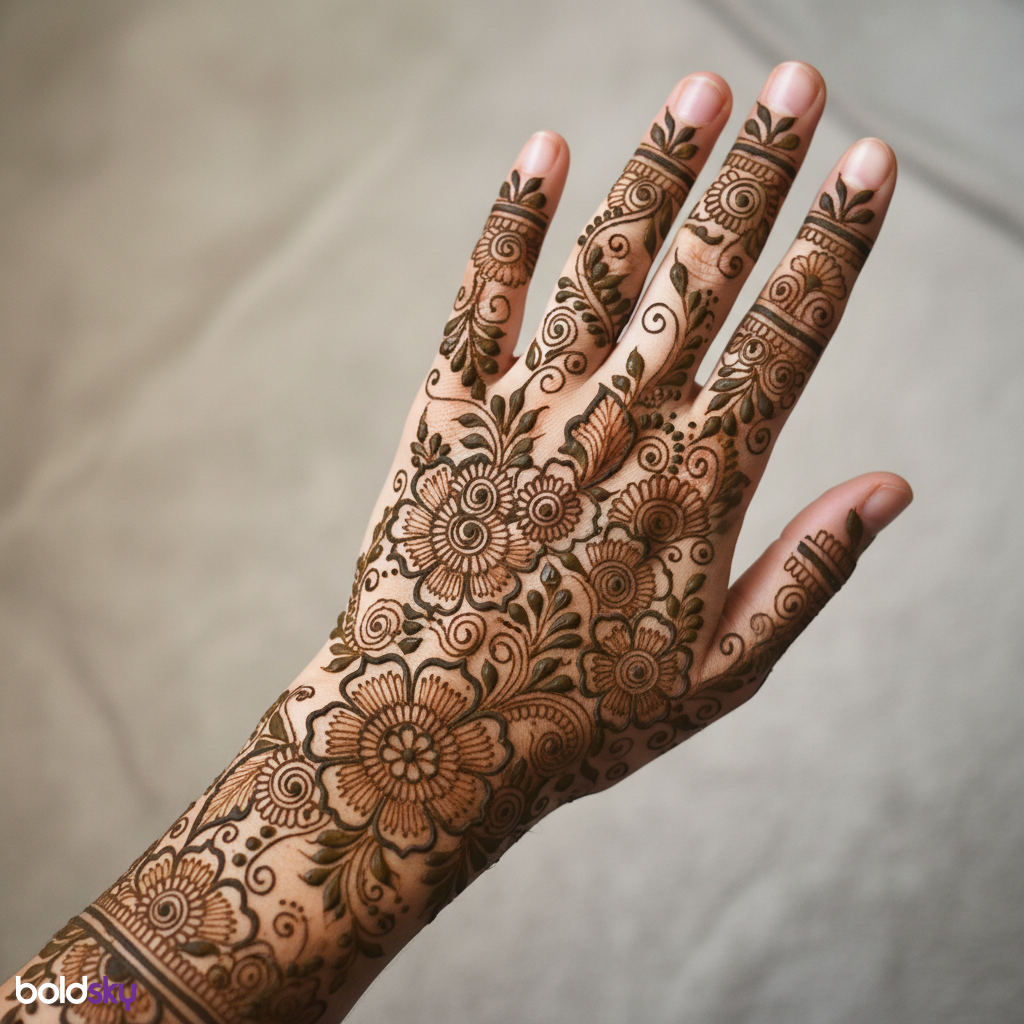 Back of left hand floral vine mehndi