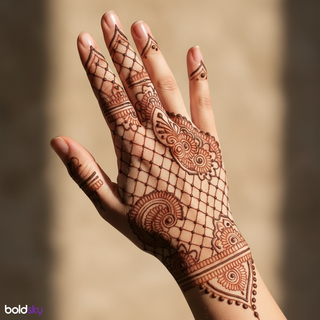 Right back hand paisley net mehndi