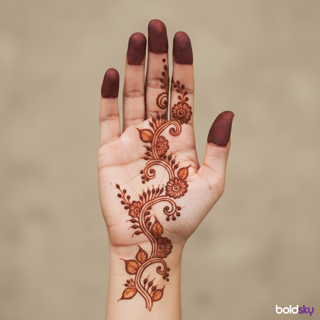 Right palm delicate floral vine mehndi.