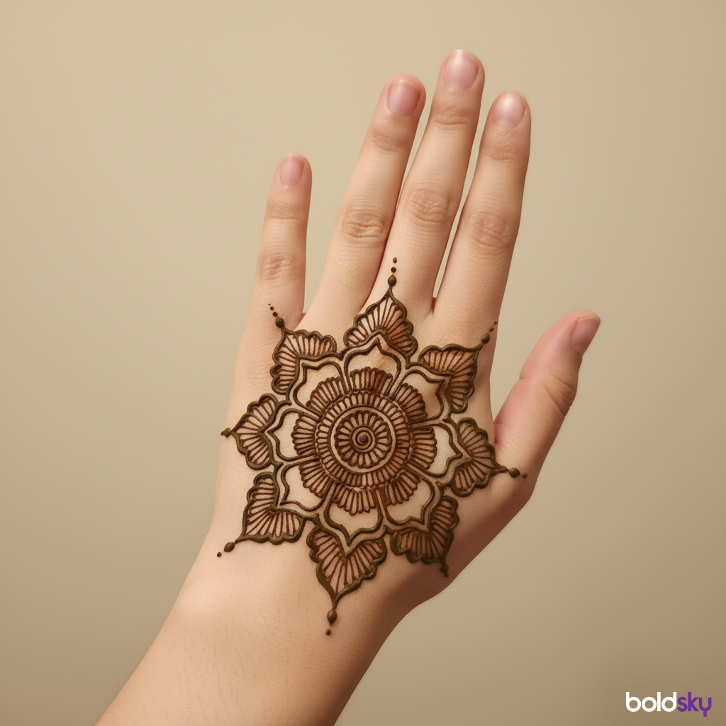 Left back hand floral mandala mehndi.