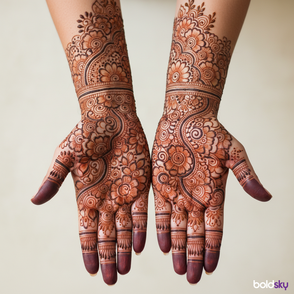 Both palms dense bridal floral mehndi.