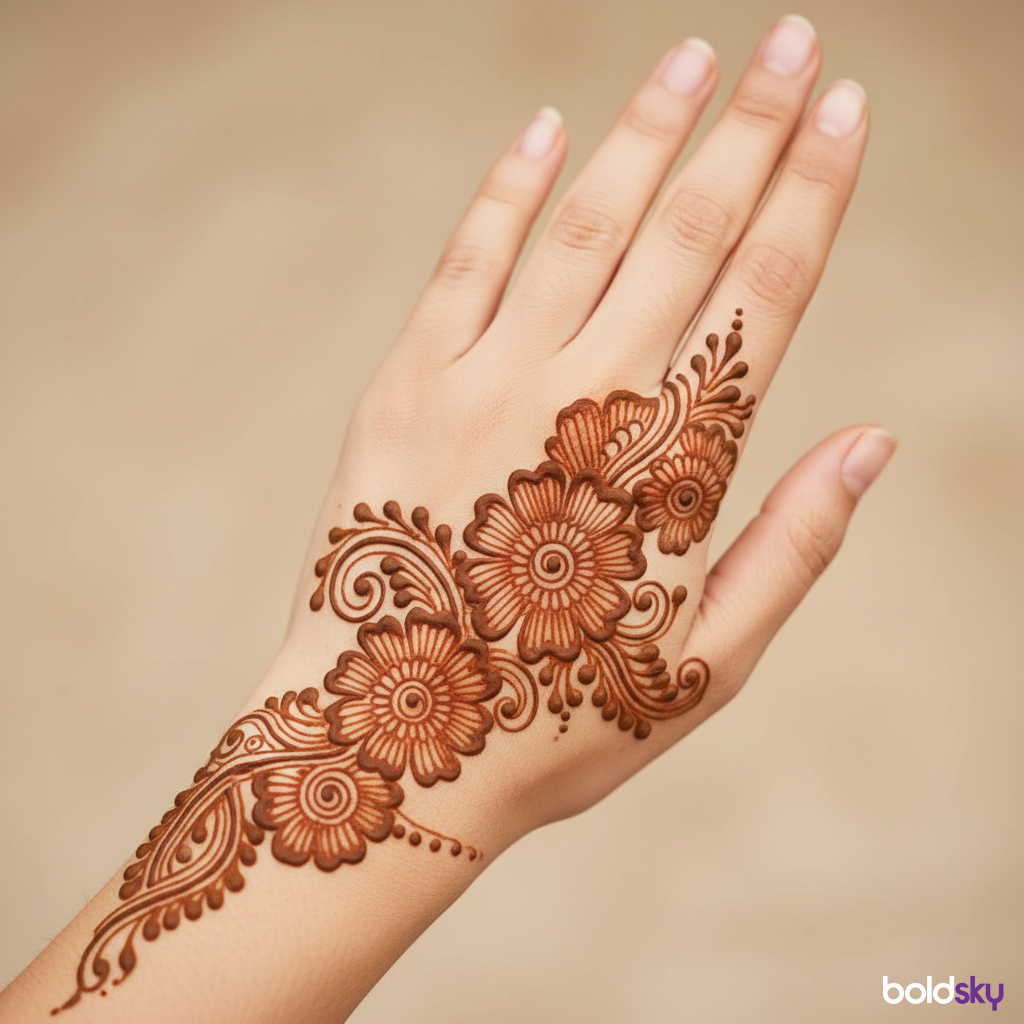 Left back hand asymmetrical floral mehndi.