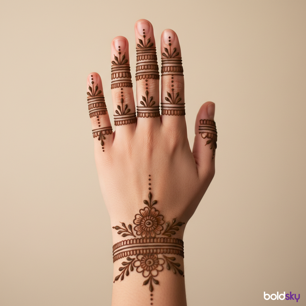Left back minimalist floral mehndi bands.