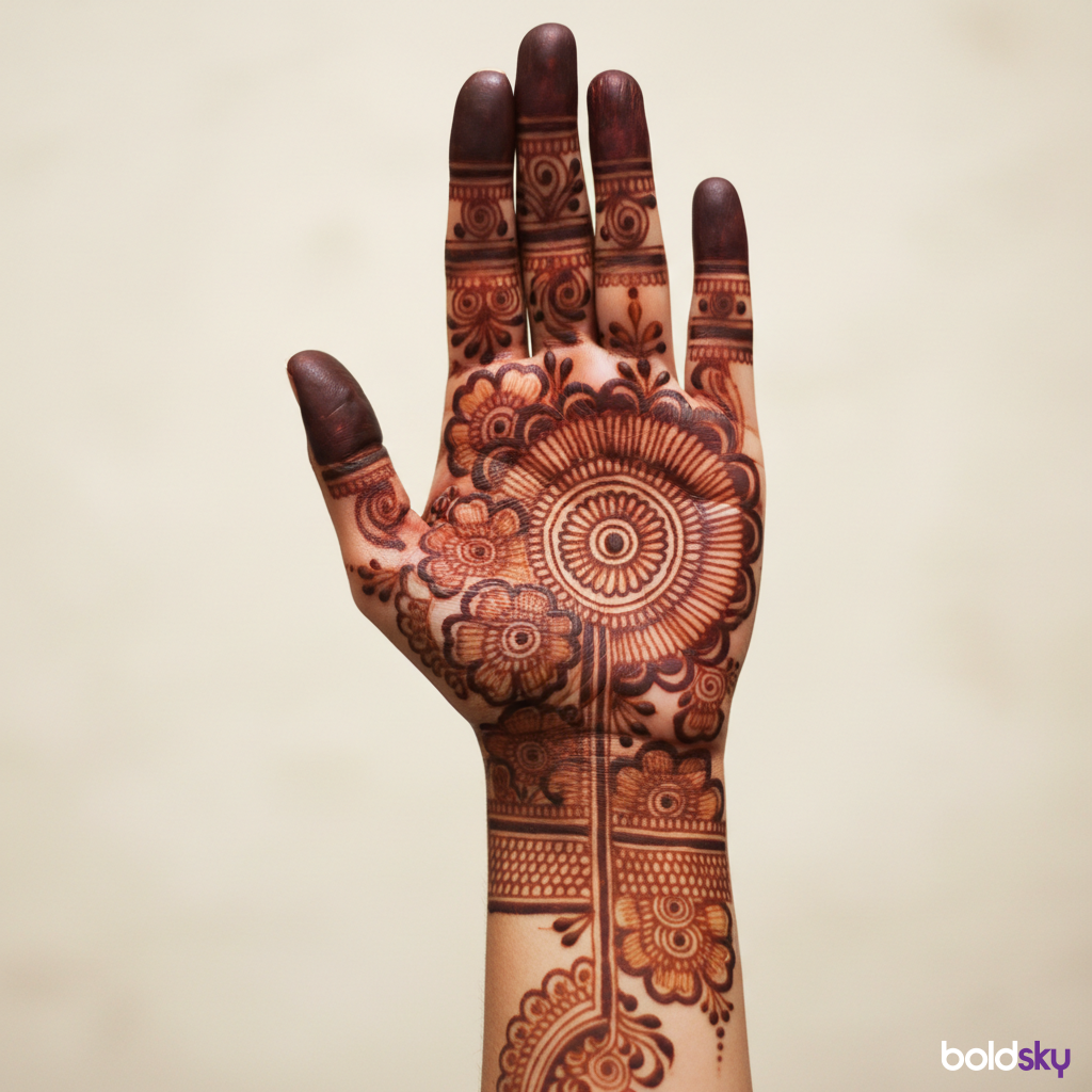 Left palm full hand traditional mehndi.