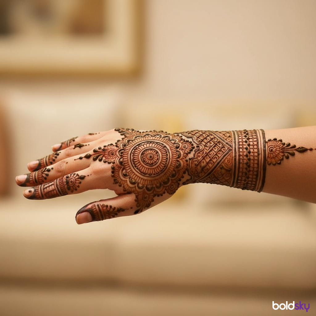 Right back hand modern jaali mehndi.
