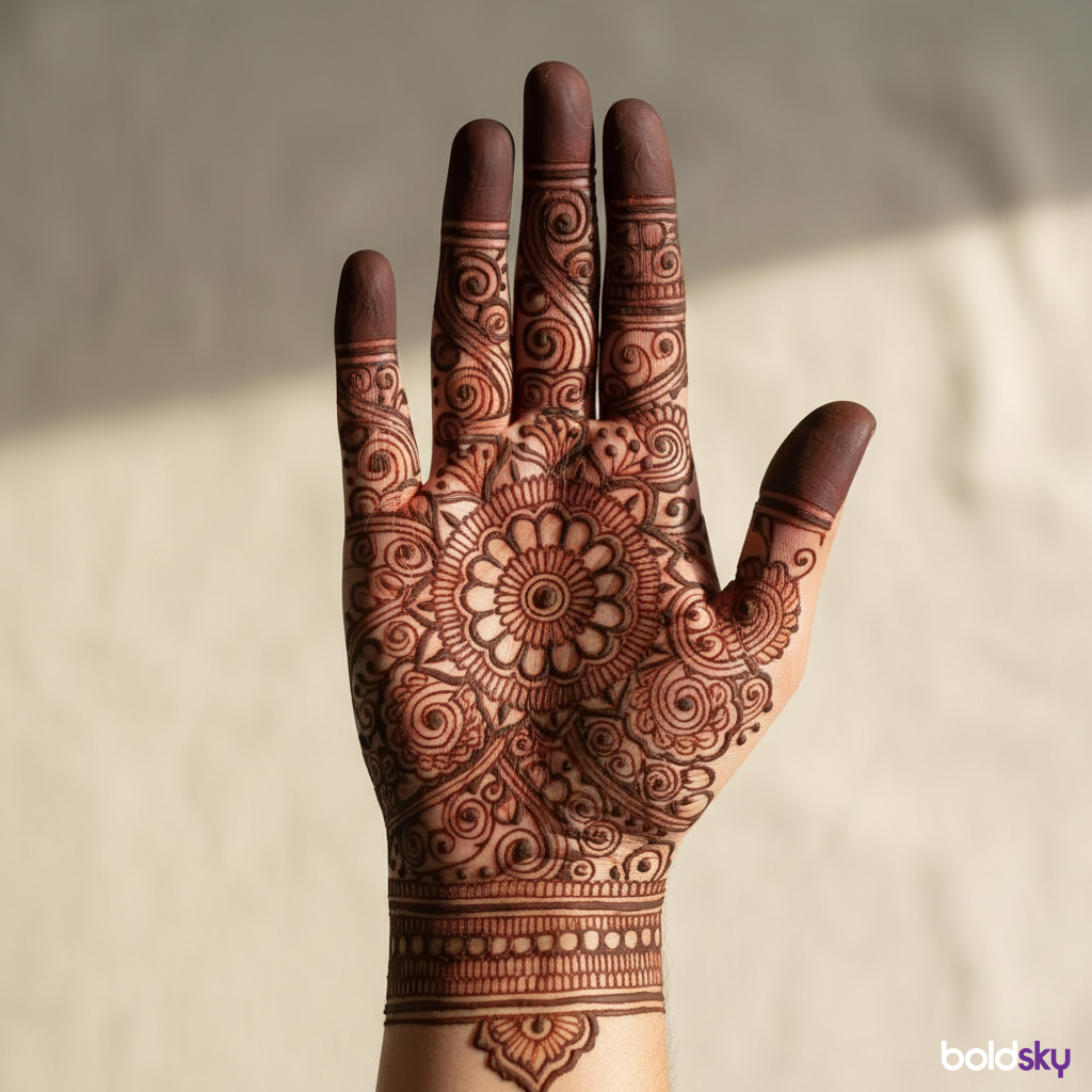 Right palm symmetrical mandala mehndi.