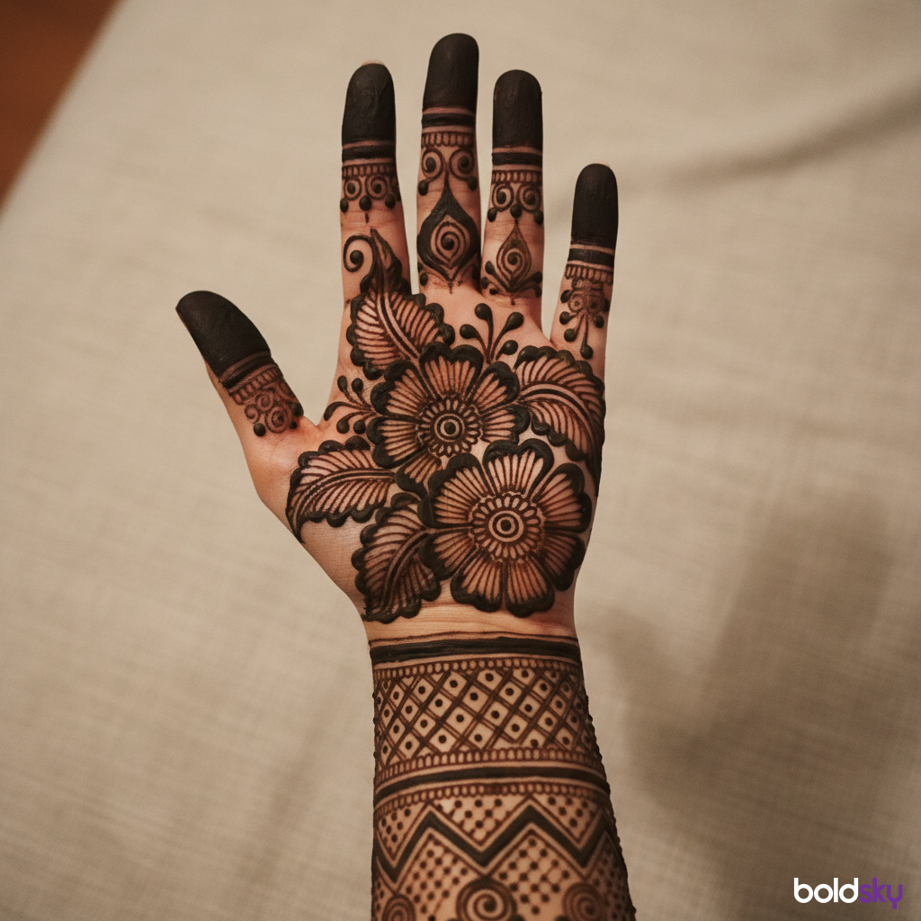 Left front hand bold floral mehndi.