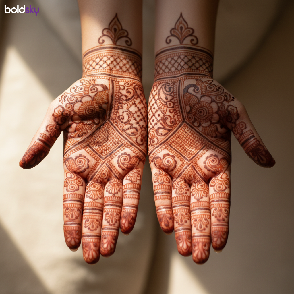 Close-up of both palms with symmetrical bridal mehndi.