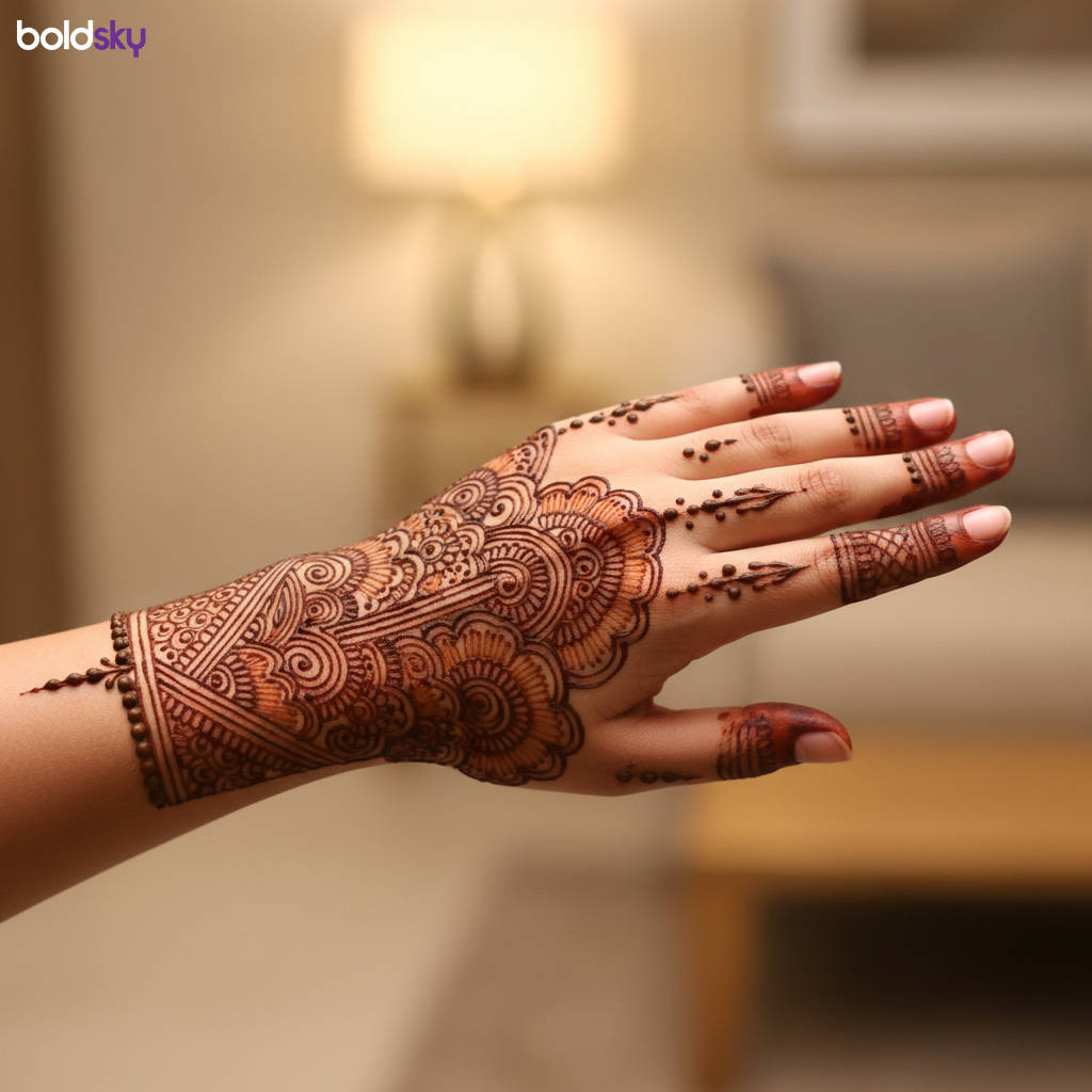 Back of left hand elegant floral mehndi.