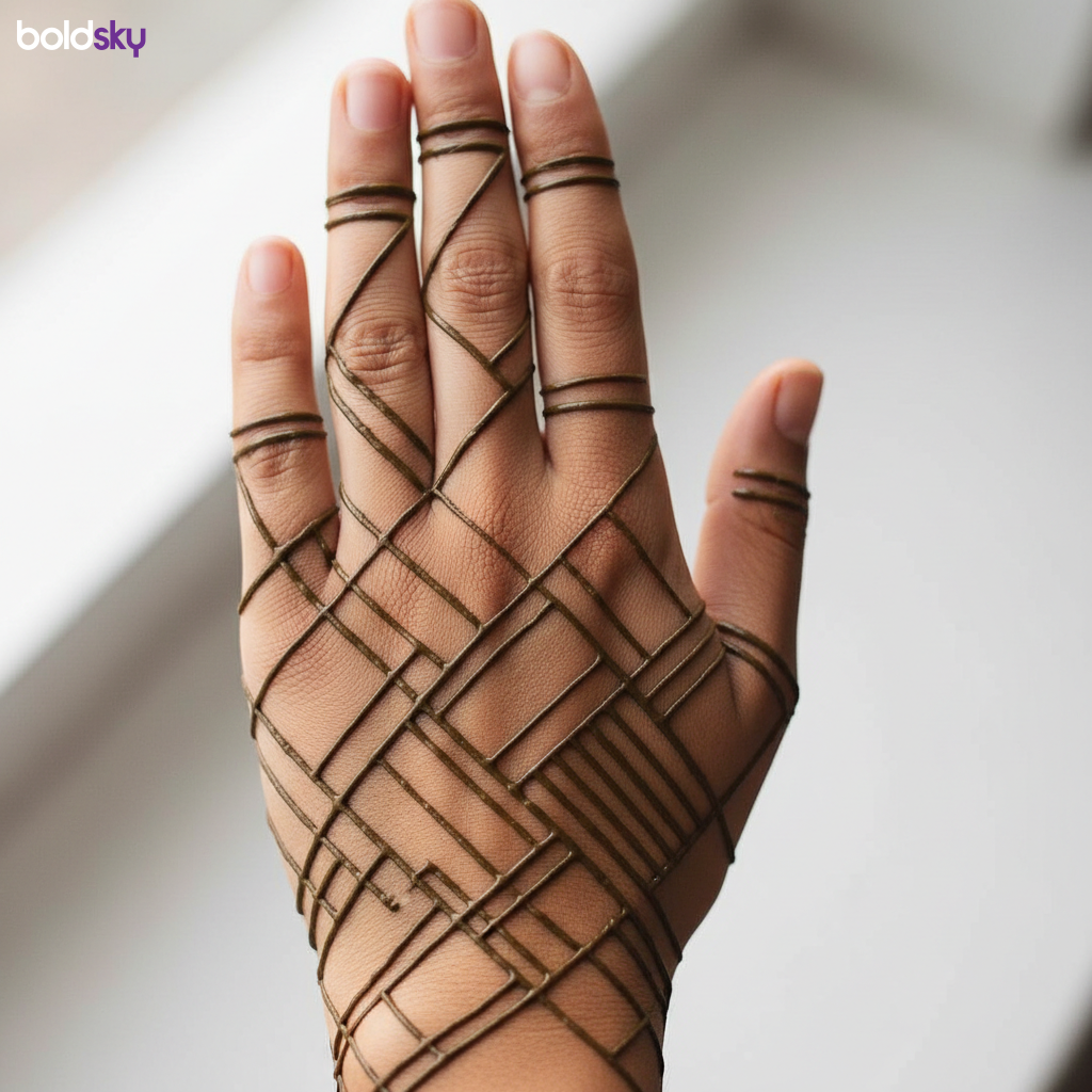 Left back hand modern geometric mehndi.