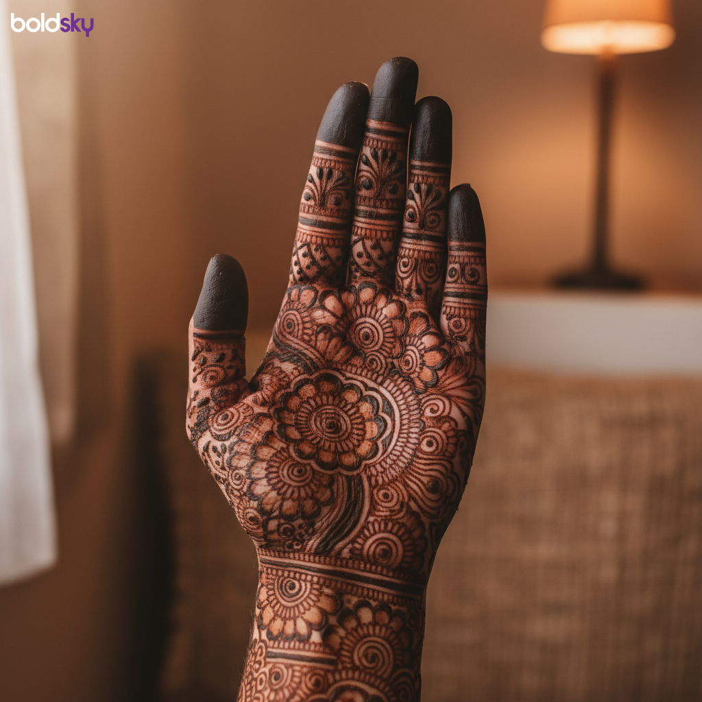 Left palm traditional heavy bridal mehndi.