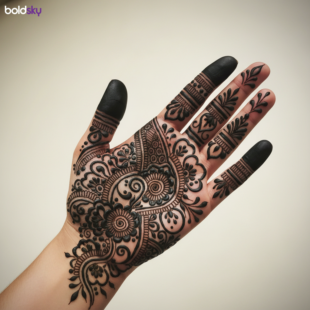 Left palm bold Arabic floral mehndi.