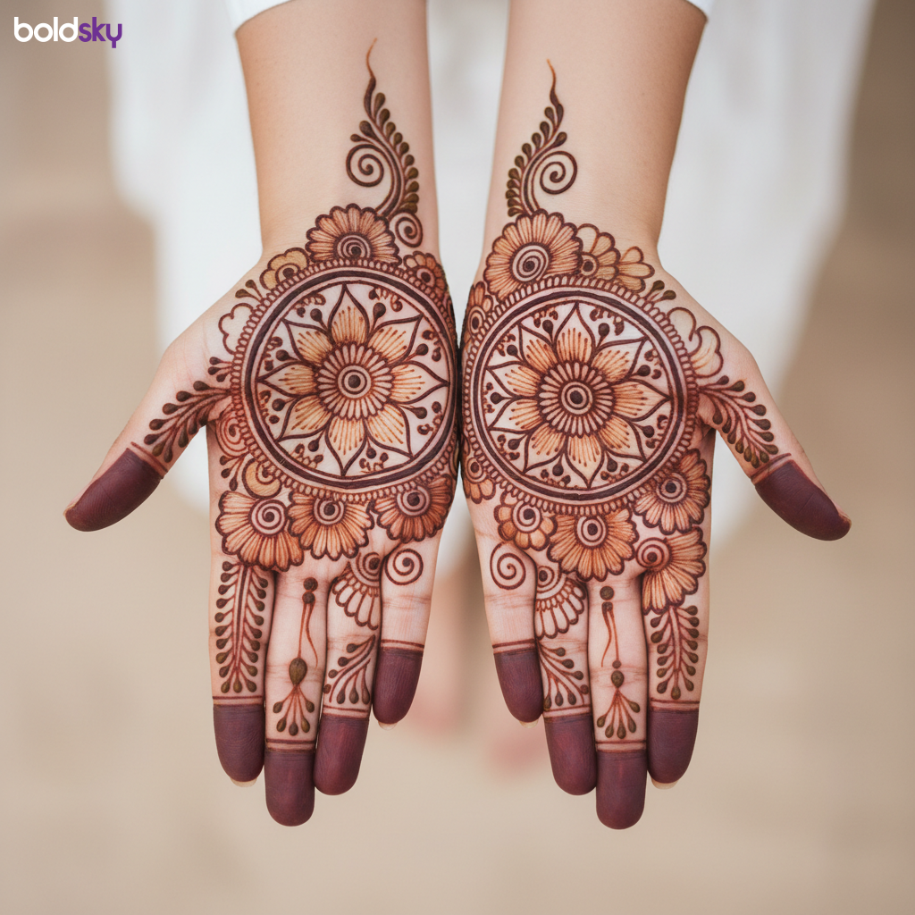 Close-up of both palms with floral mandala mehndi.