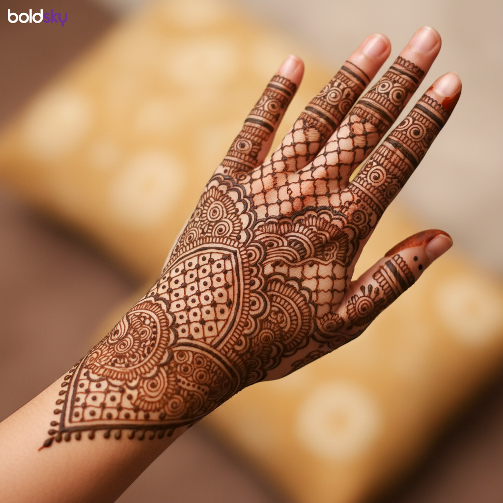 Back of left hand with intricate paisley mehndi.