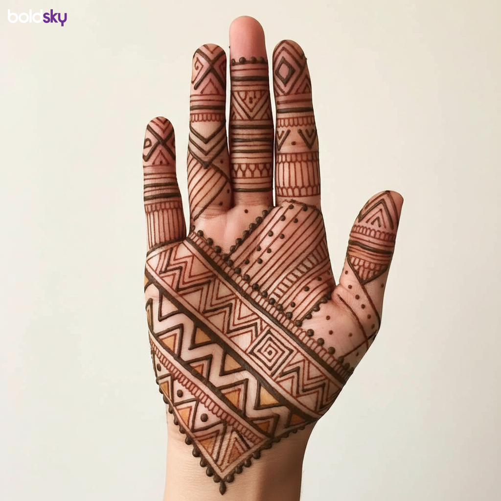 Front of right hand with modern geometric mehndi.