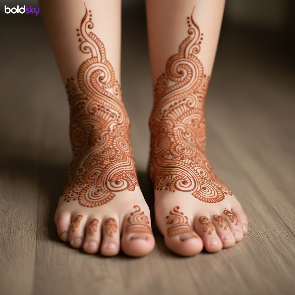 Close-up of feet with bridal mehndi to ankles.