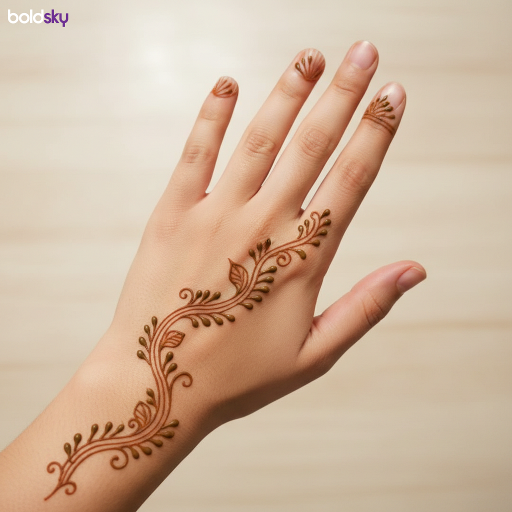 Back of left hand with minimalist vine mehndi.