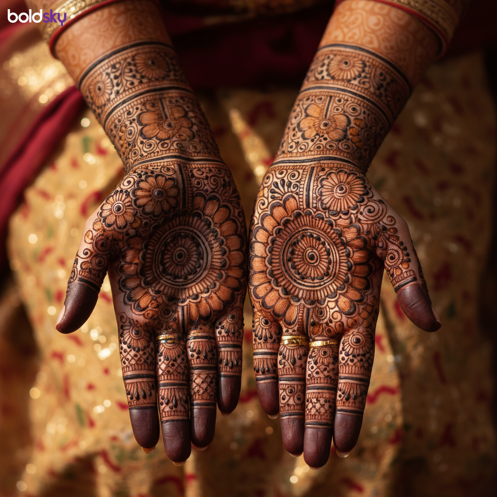 Close-up of both palms with intricate bridal mehndi.