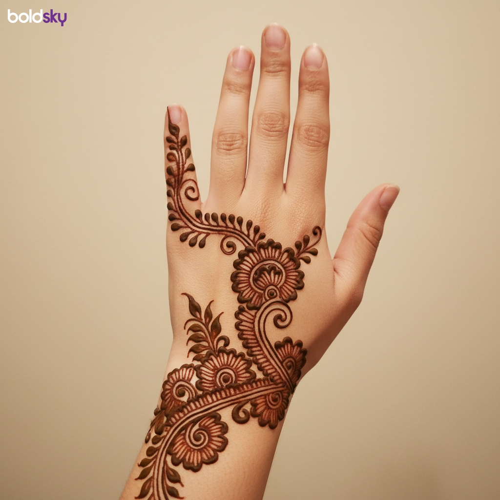 Back of left hand modern floral mehndi.