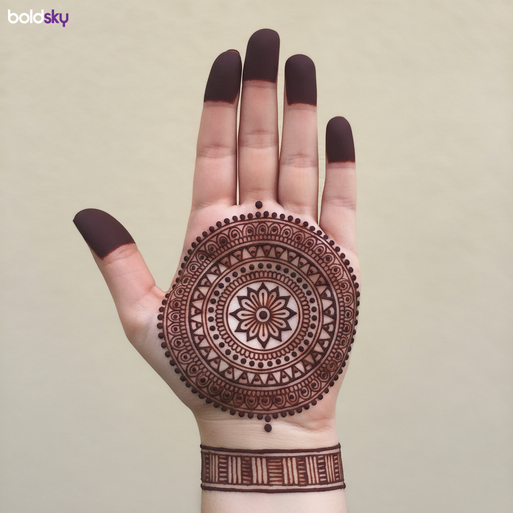 Left palm with central mandala mehndi design.
