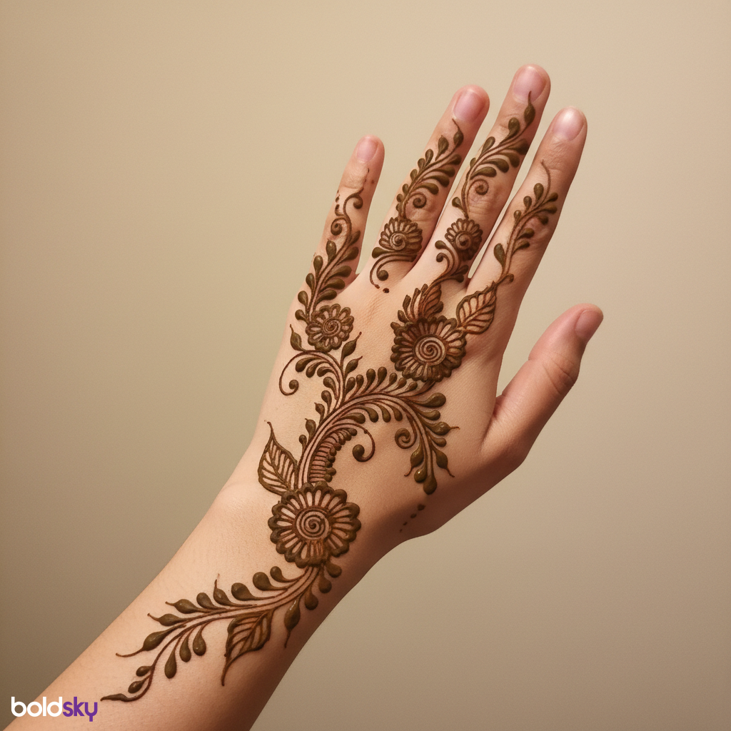 Back of right hand modern floral mehndi.