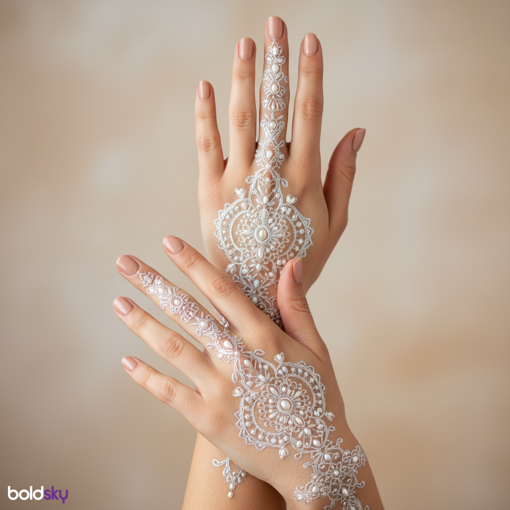 Back of both hands jaali mehndi pattern.