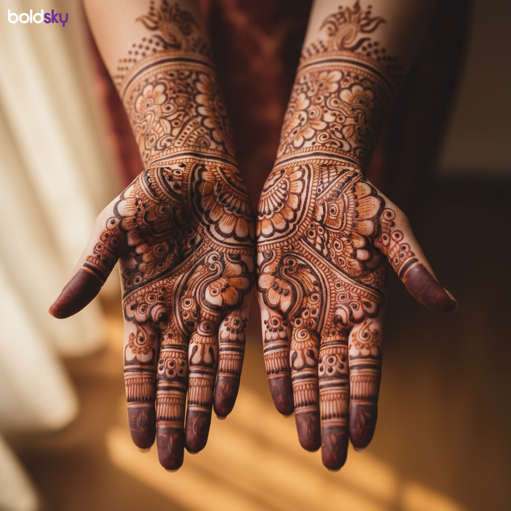 Both palms with intricate traditional bridal mehndi.