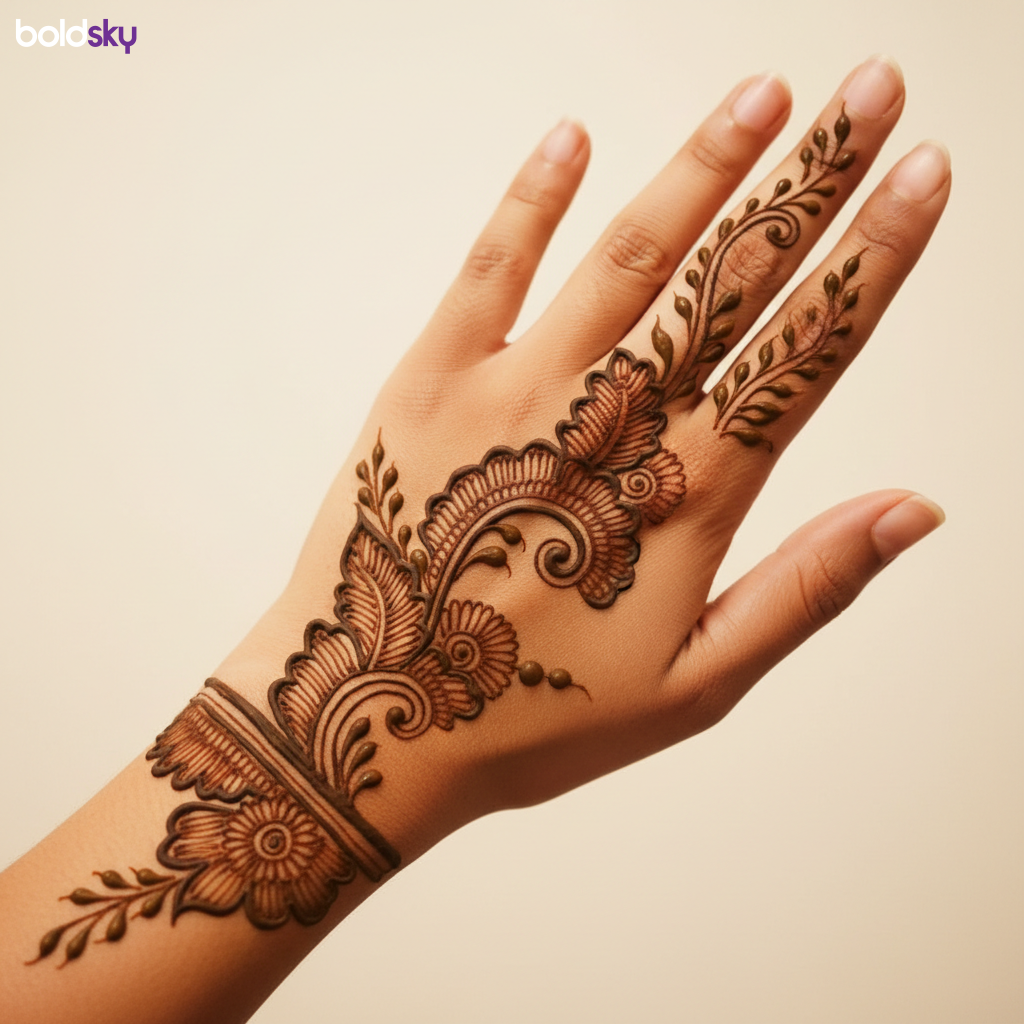 Back of left hand modern floral mehndi.