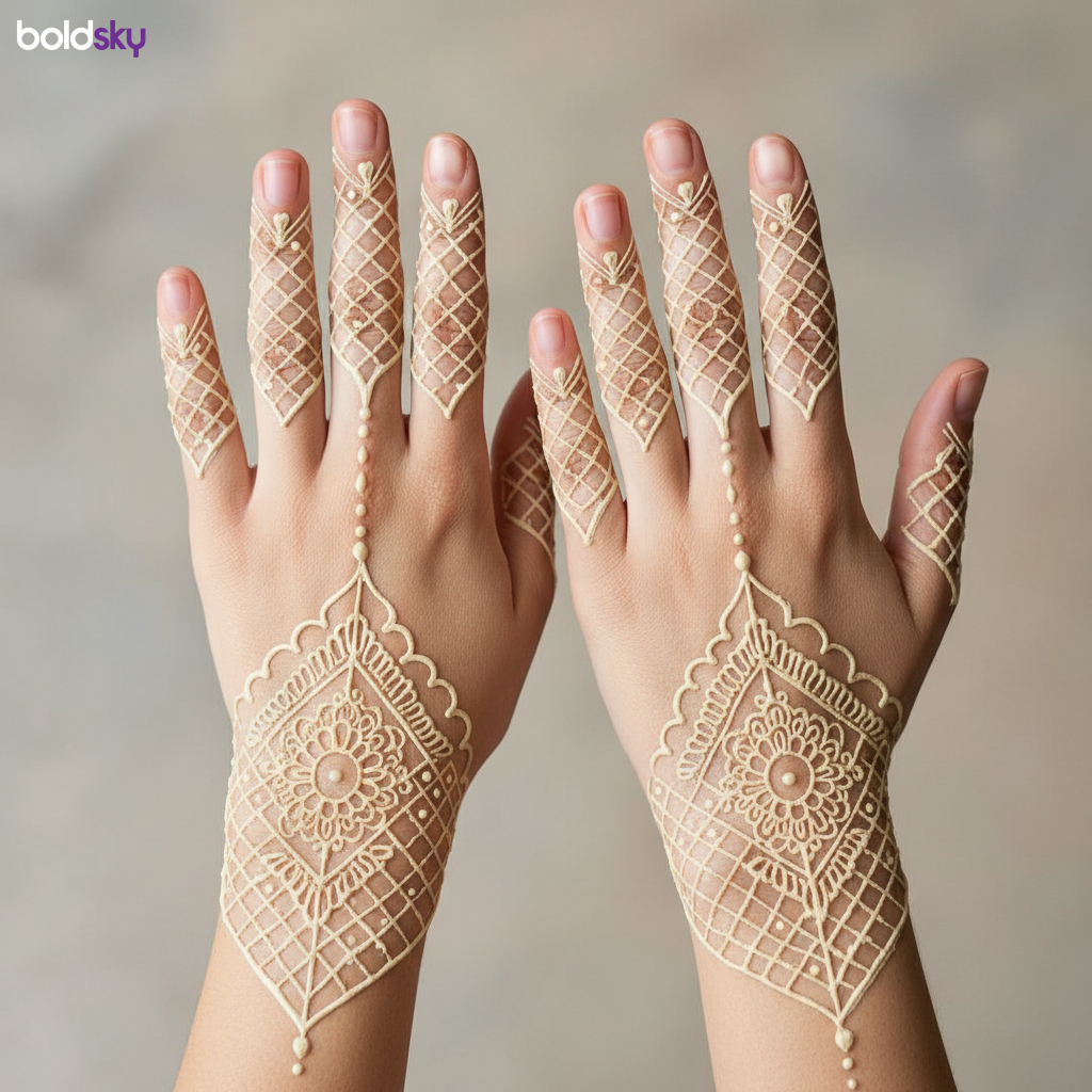 Back of both hands jaali mehndi pattern.