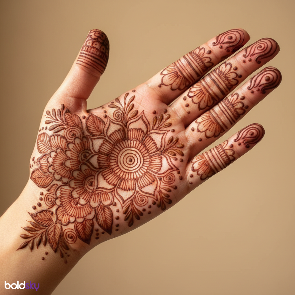 Left hand palm intricate floral mandala mehndi