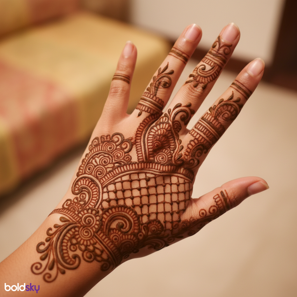 Back of left hand paisley jaali mehndi