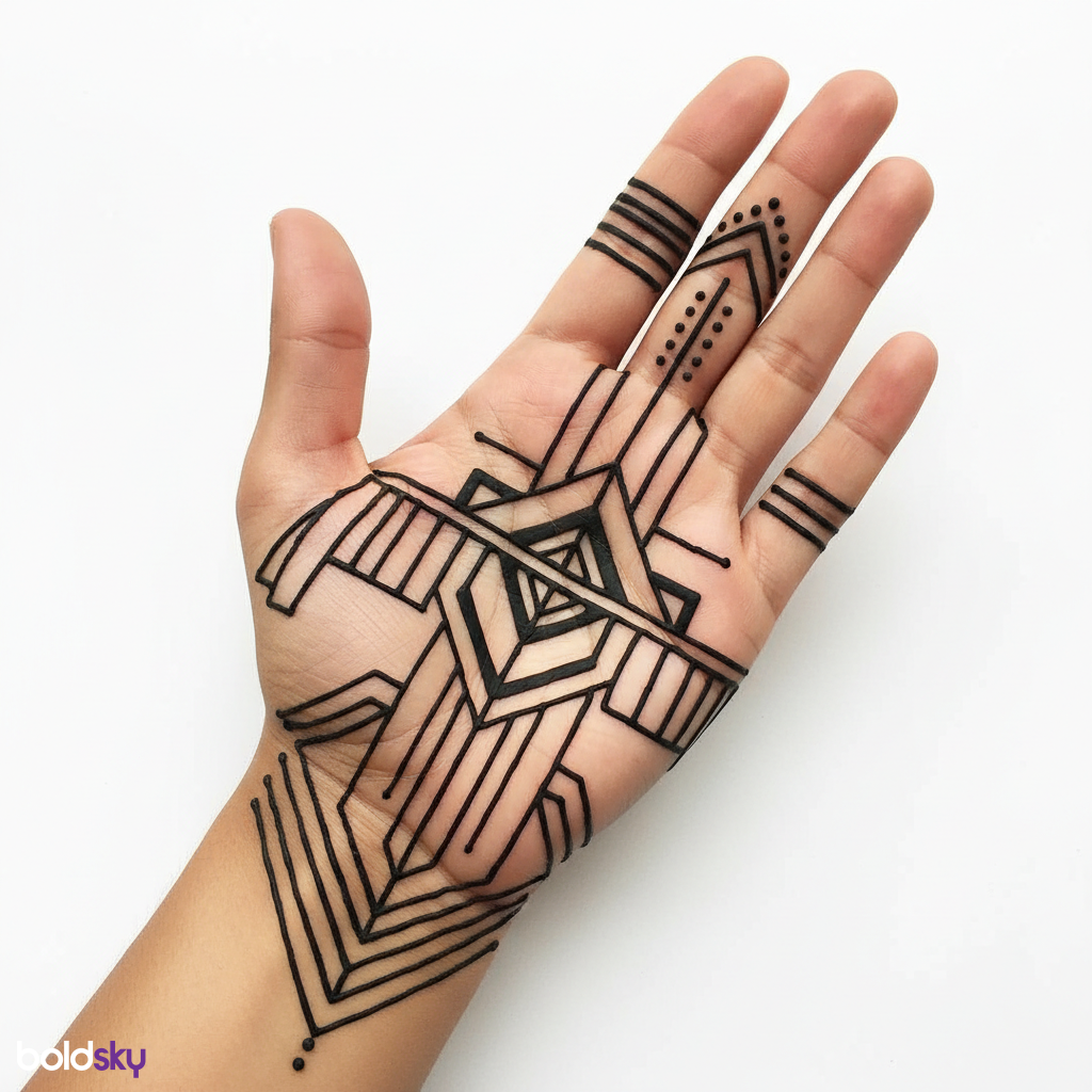 Left hand palm modern geometric mehndi