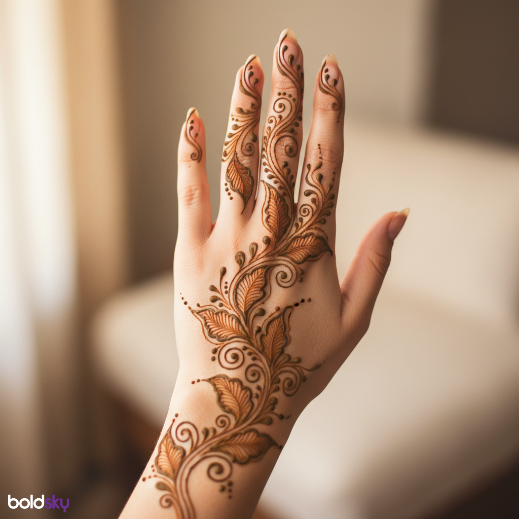 Back of left hand vine leafy mehndi