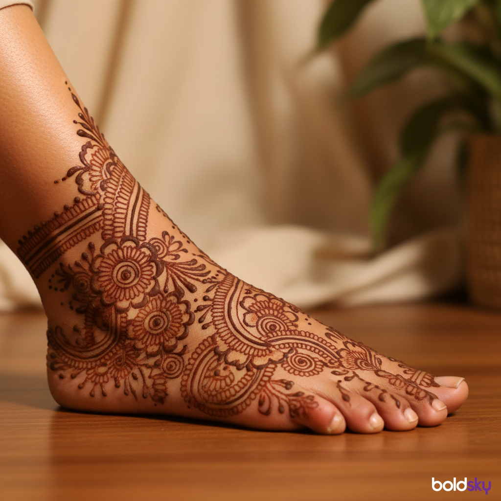 Right foot top floral mehndi close-up