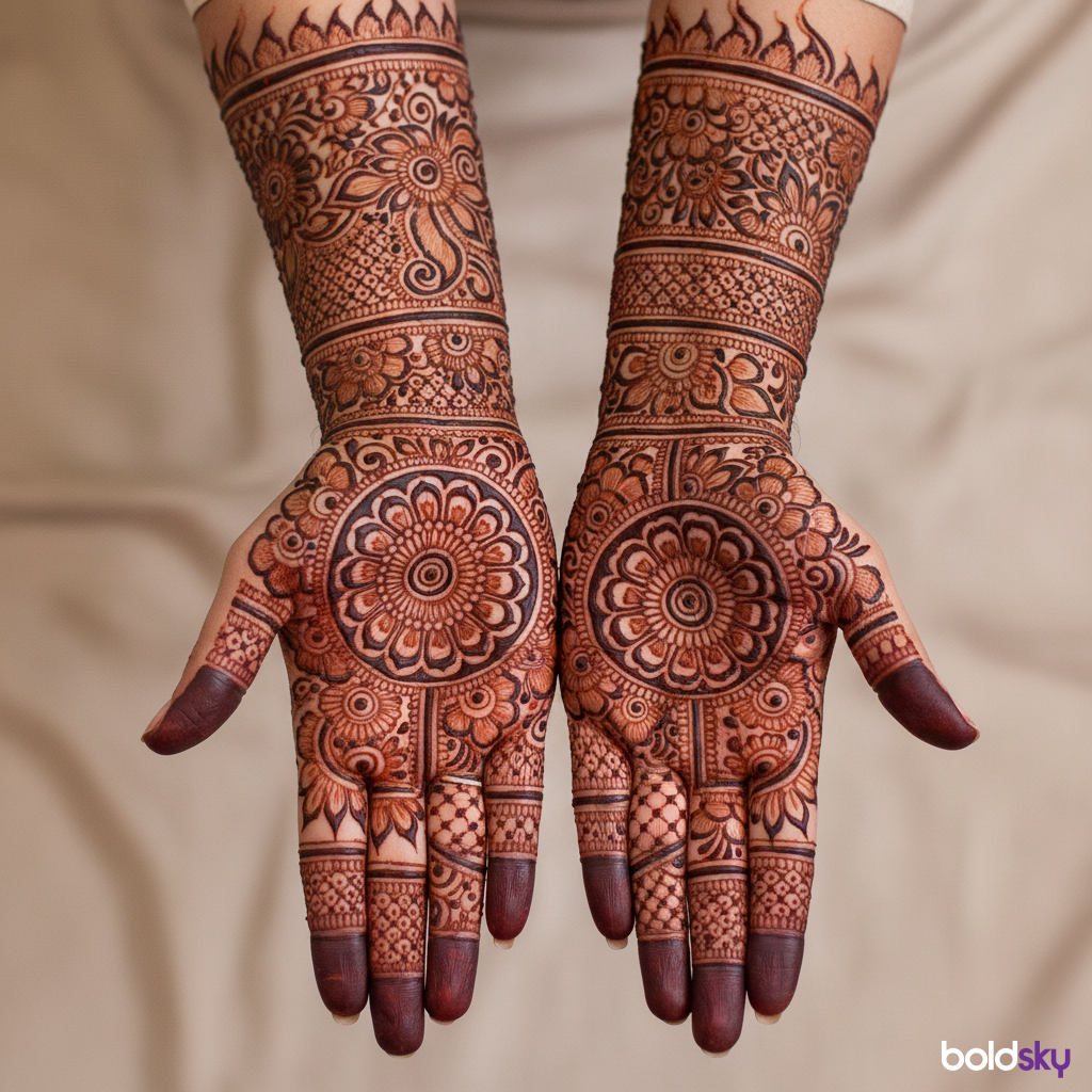 Close-up of both palms with intricate bridal mehndi.