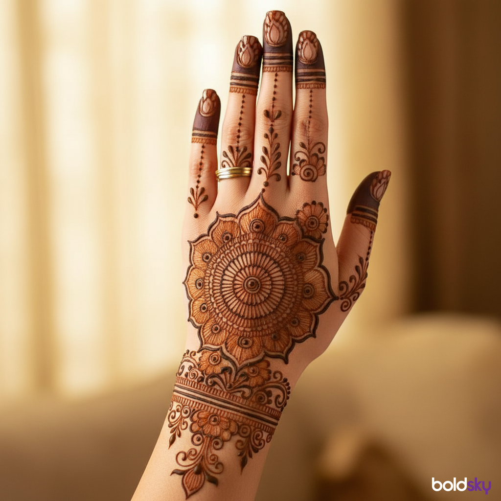 Back of left hand with elaborate floral mehndi.