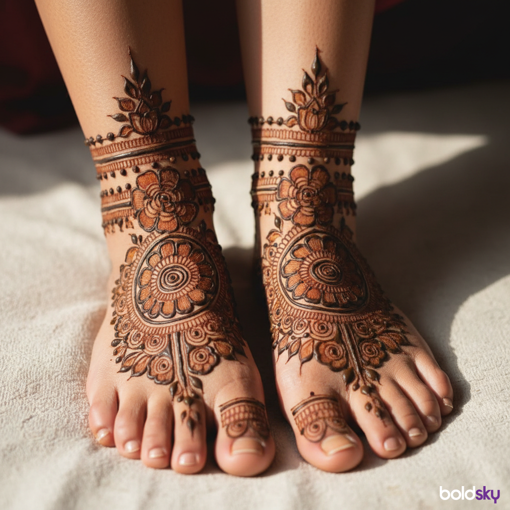 Both feet with symmetrical bridal mehndi.