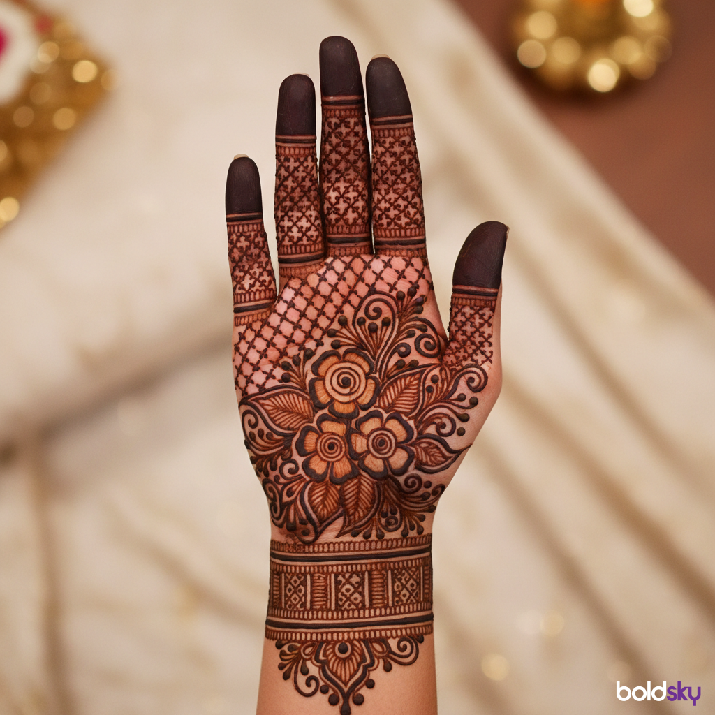 Right palm with traditional jaali floral mehndi.