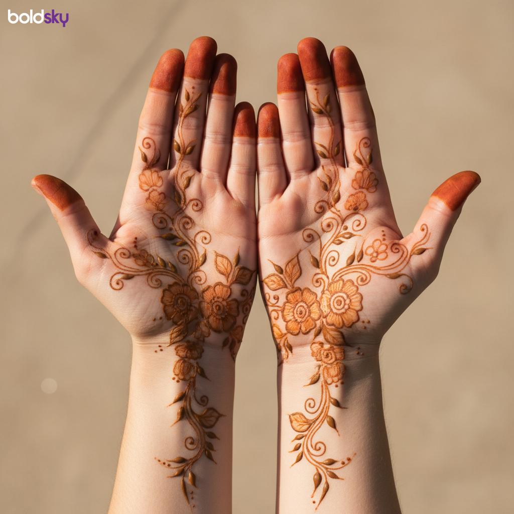 Both palms with easy floral vine mehndi.