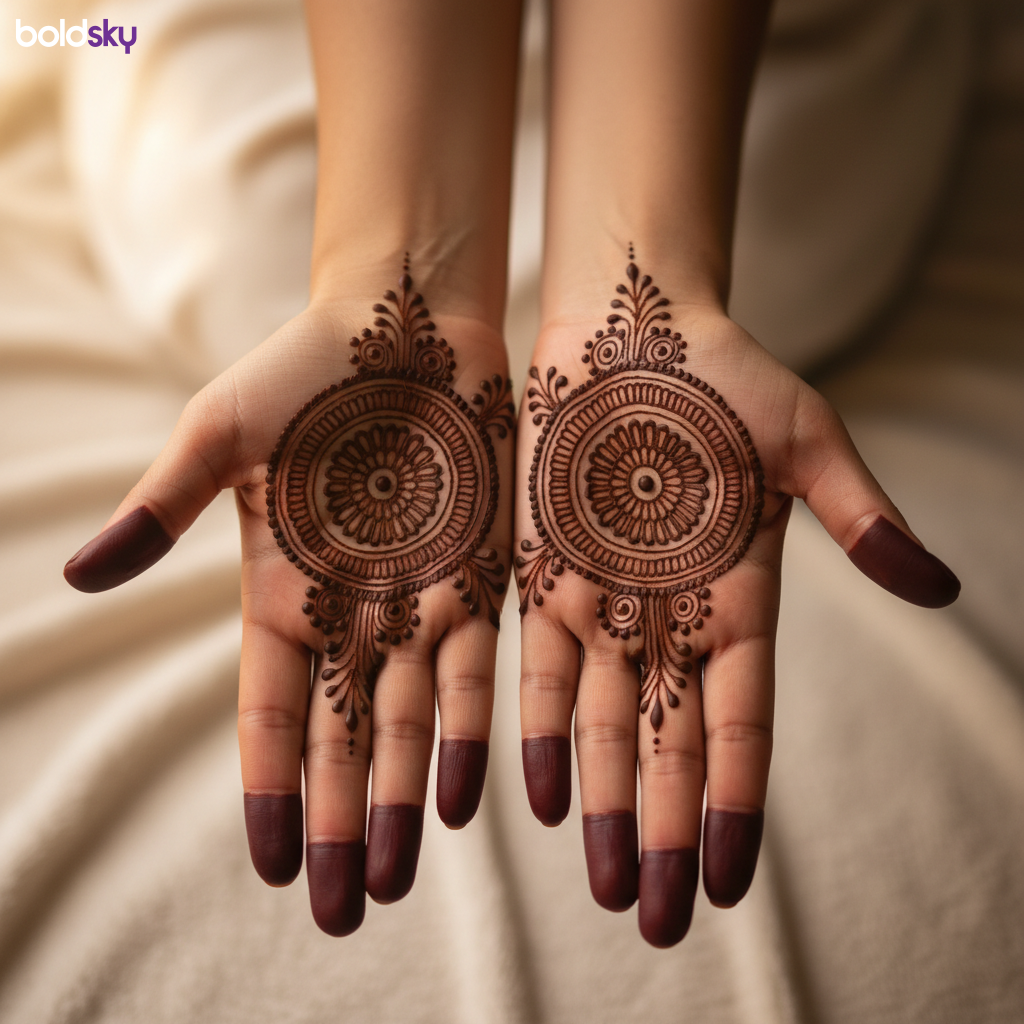 Front of hands with simple mandala mehndi.