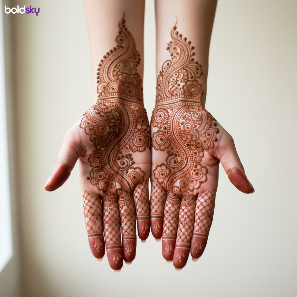 Palms with easy paisley and netting mehndi.